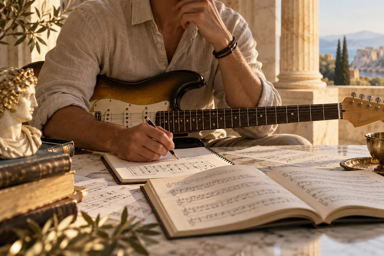 Cena ilustrativa de um guitarrista estudando partituras e escalas